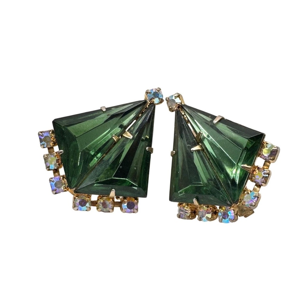 Vintage Emerald Green Glass Shield Clip On Earrings Aurora Borealis‎ Rhinestone